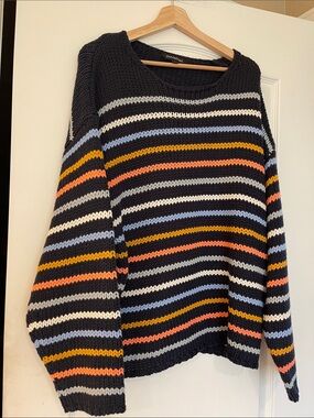 Striped Knit Crewneck Sweater in Navy with Multicolor Stripes